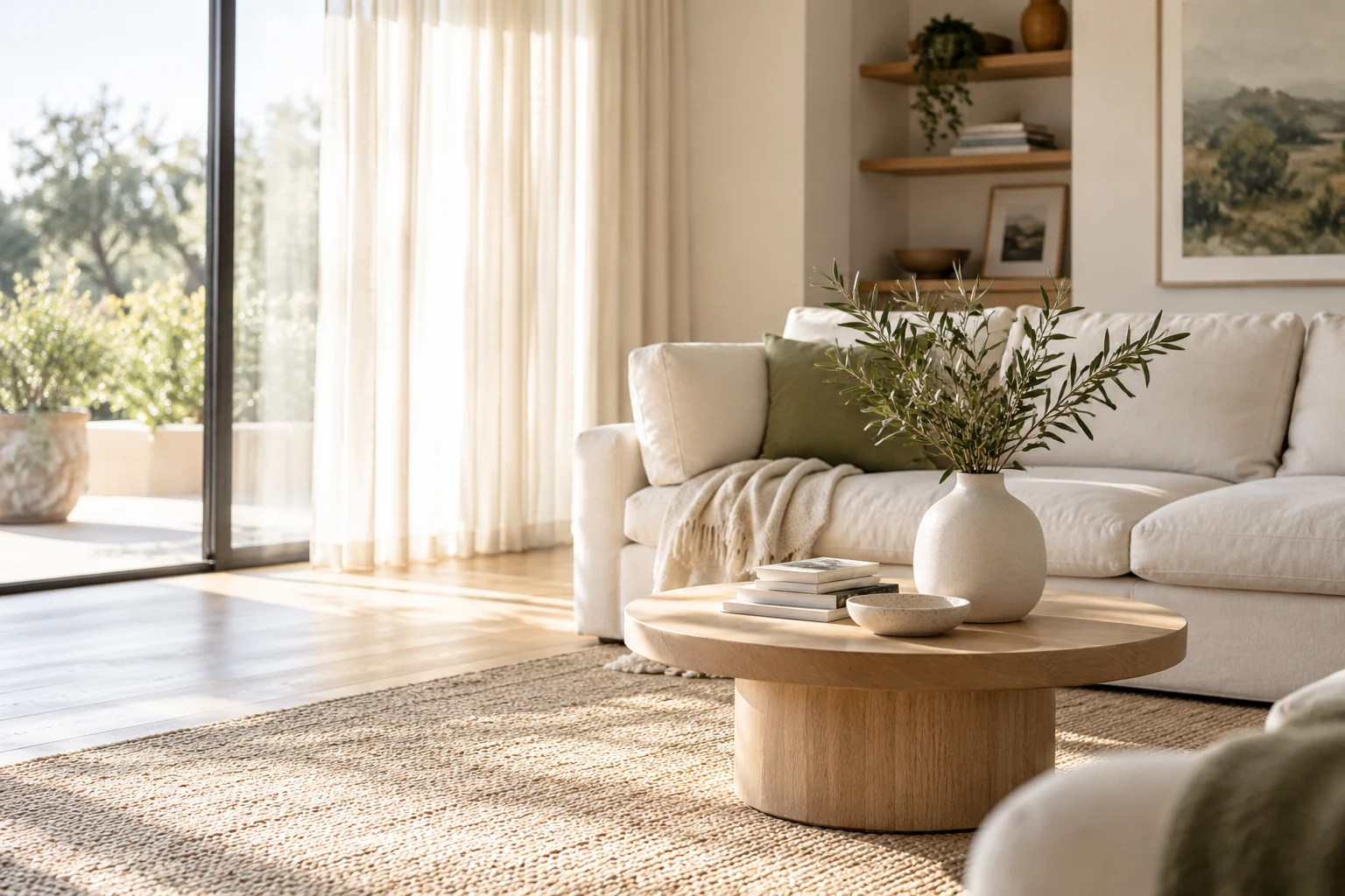 A sunlit living room with cream seating and natural wood